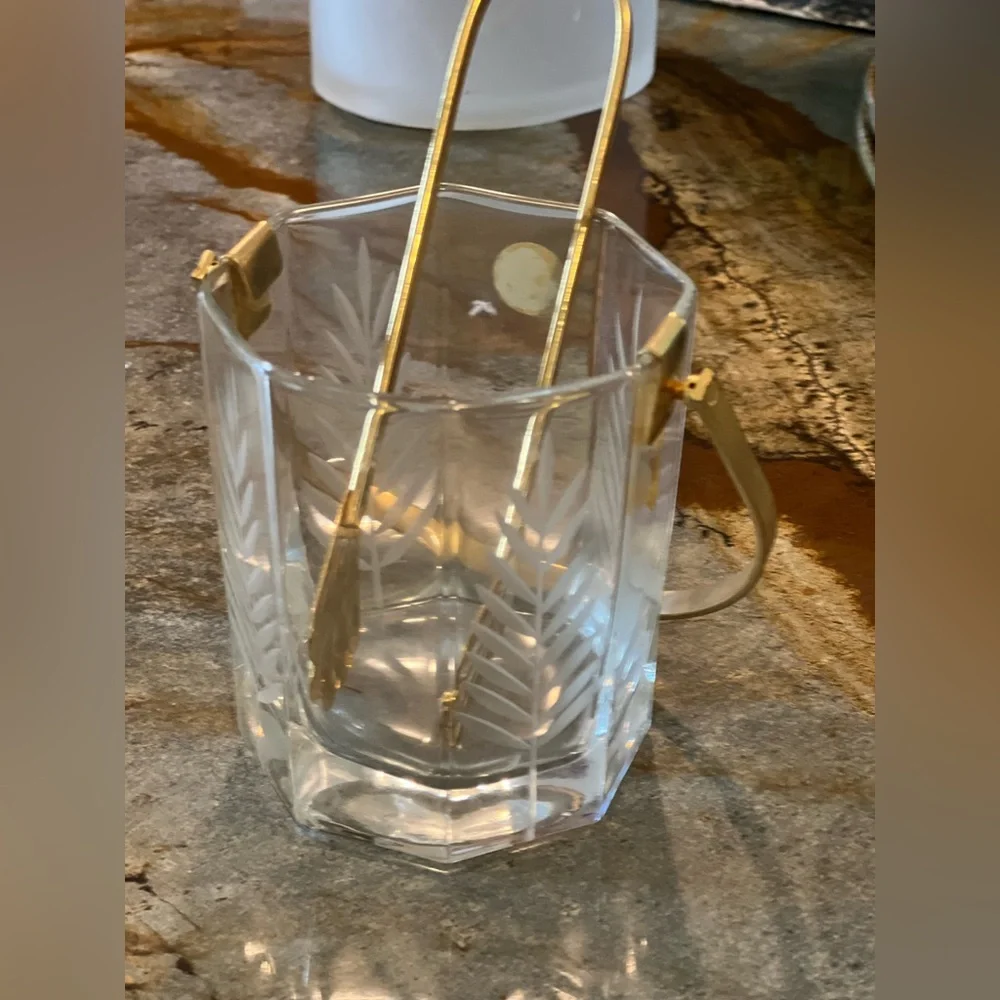 Vintage Ice Bucket with Tongs Miniature Approx. 4” Tall Fern Leaf 🍃 Design